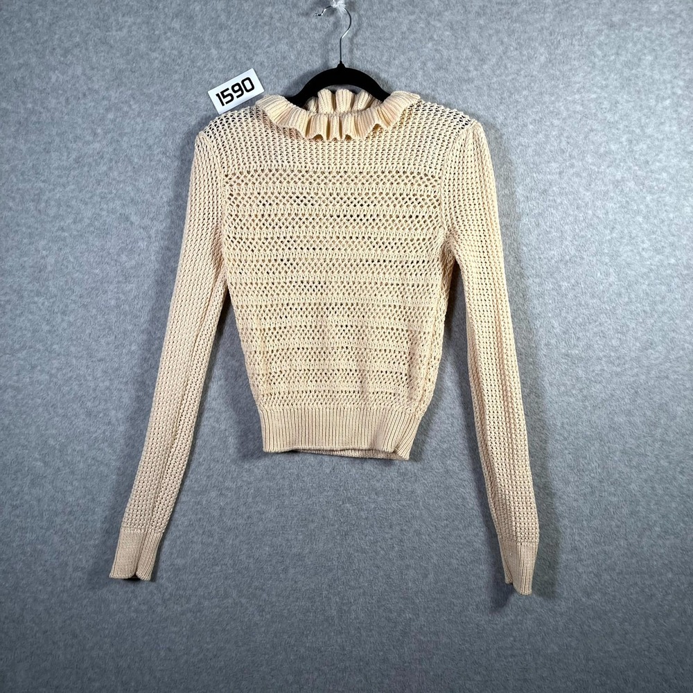 7 For All‎ Mankind Sweater Womens Small Beige Cotton Crochet Knit Ruffle Neck